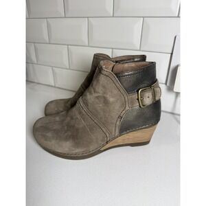 Dansko Shirley Wedge Bootie Grey Leather Suede, Round Toe, Zipper, 36/5.5